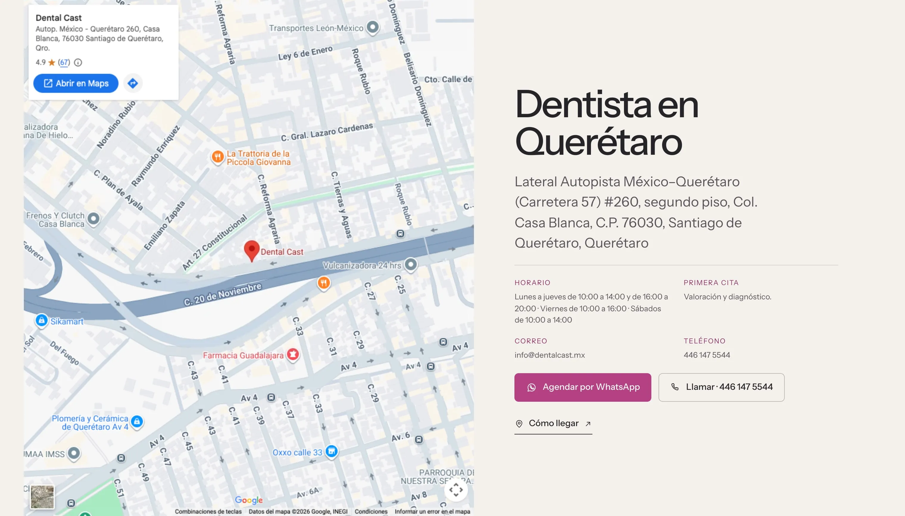 Sección de contacto del sitio de Dental Cast, con el botón para agendar por WhatsApp.