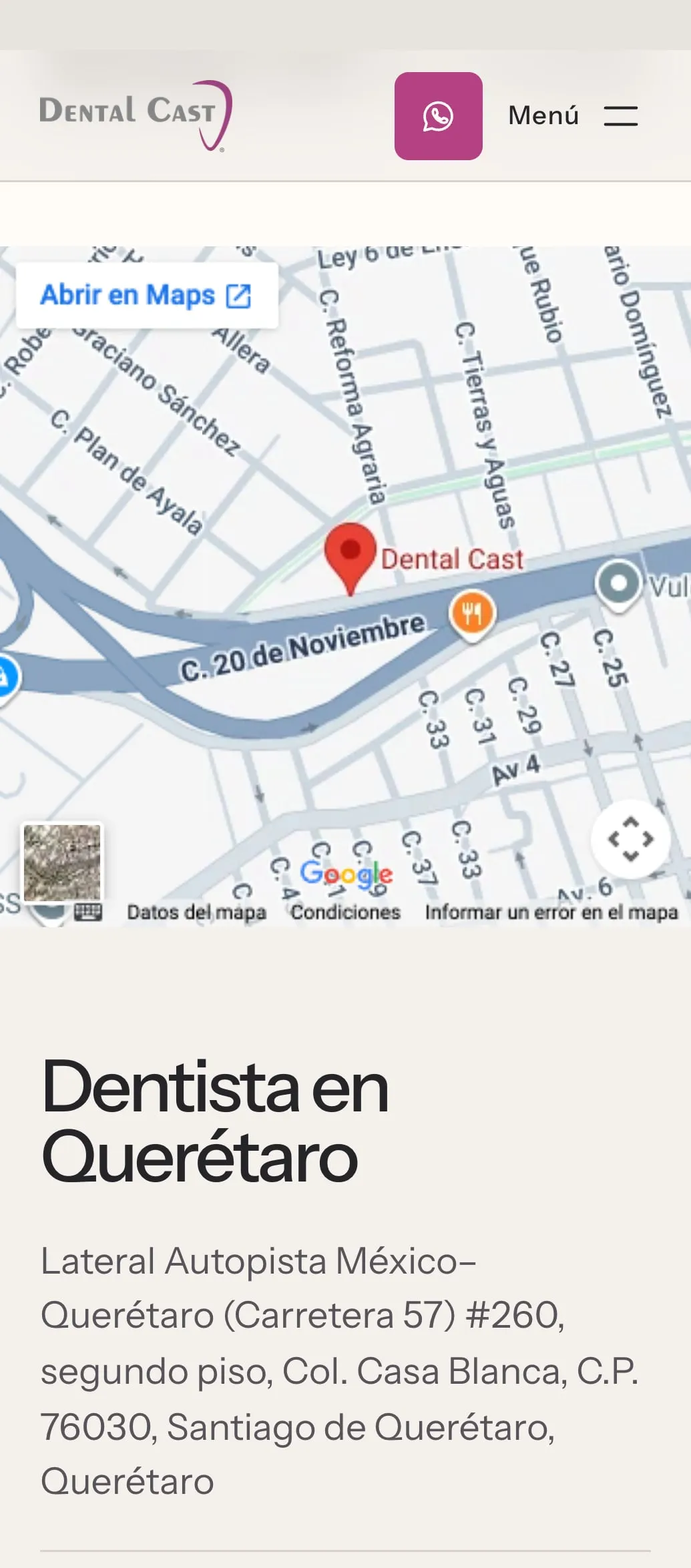 Contacto del sitio de Dental Cast, en teléfono.