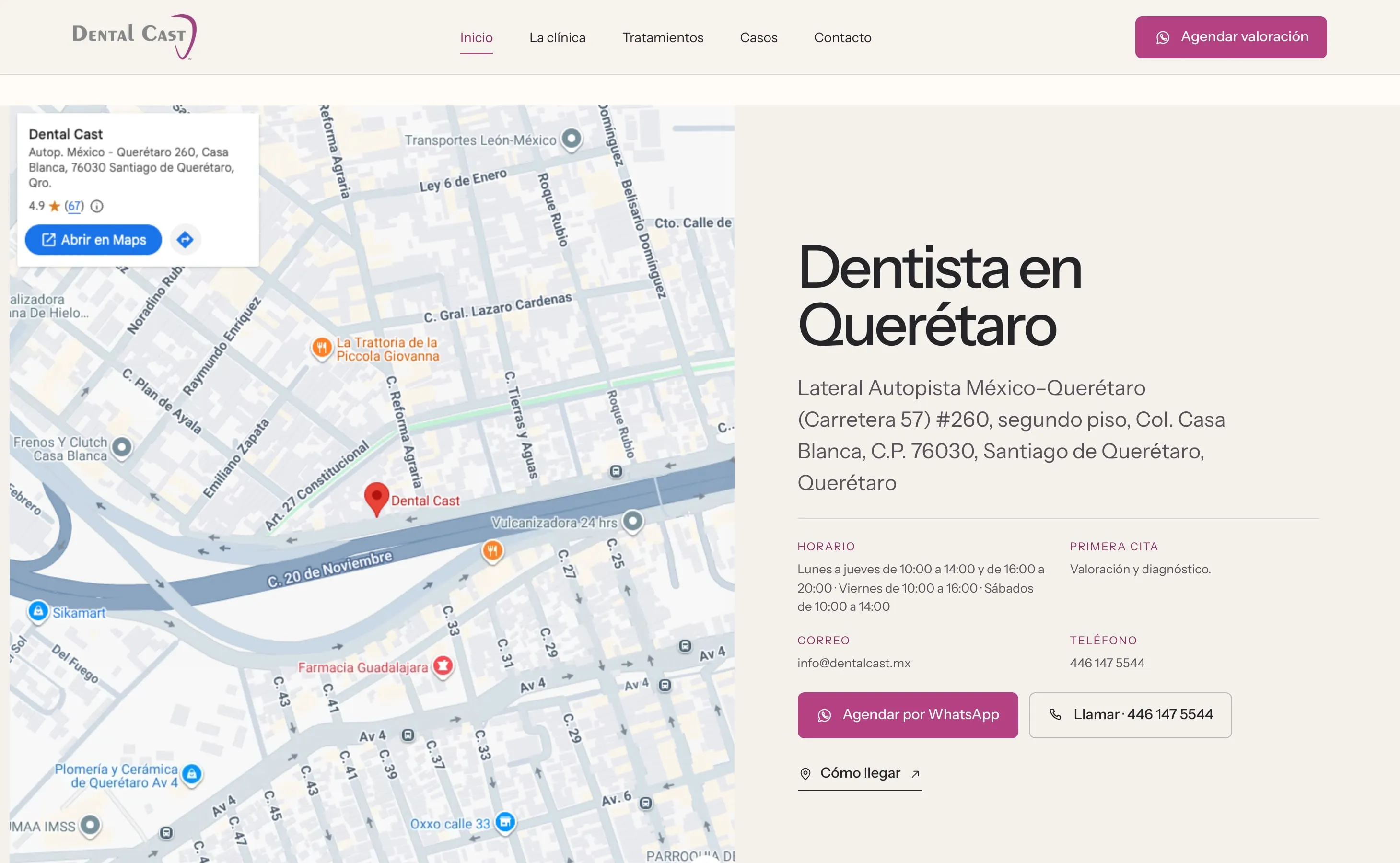 Contacto del sitio de Dental Cast, en escritorio.