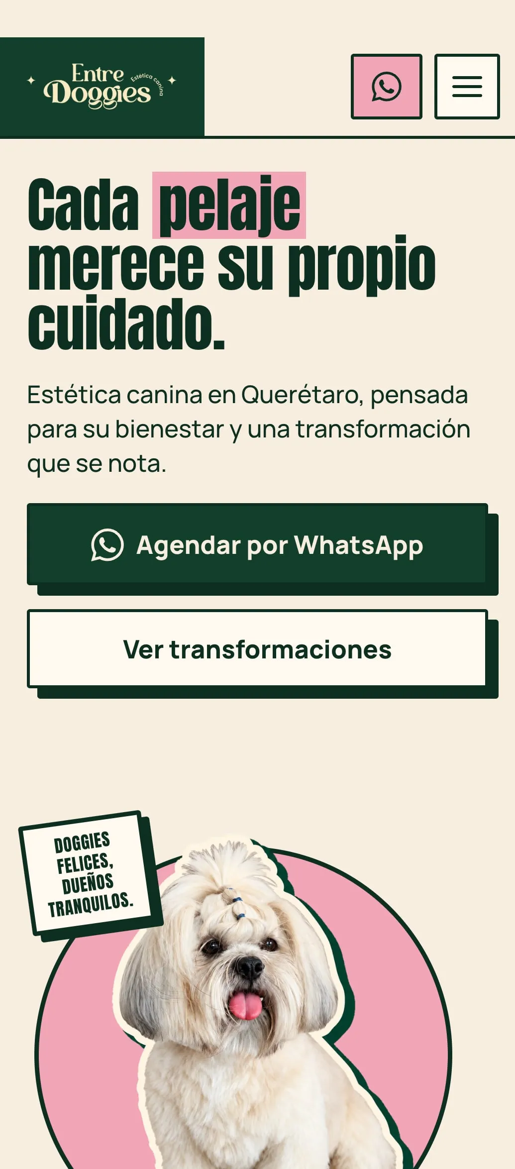 Portada del sitio de Entre Doggies, en teléfono.