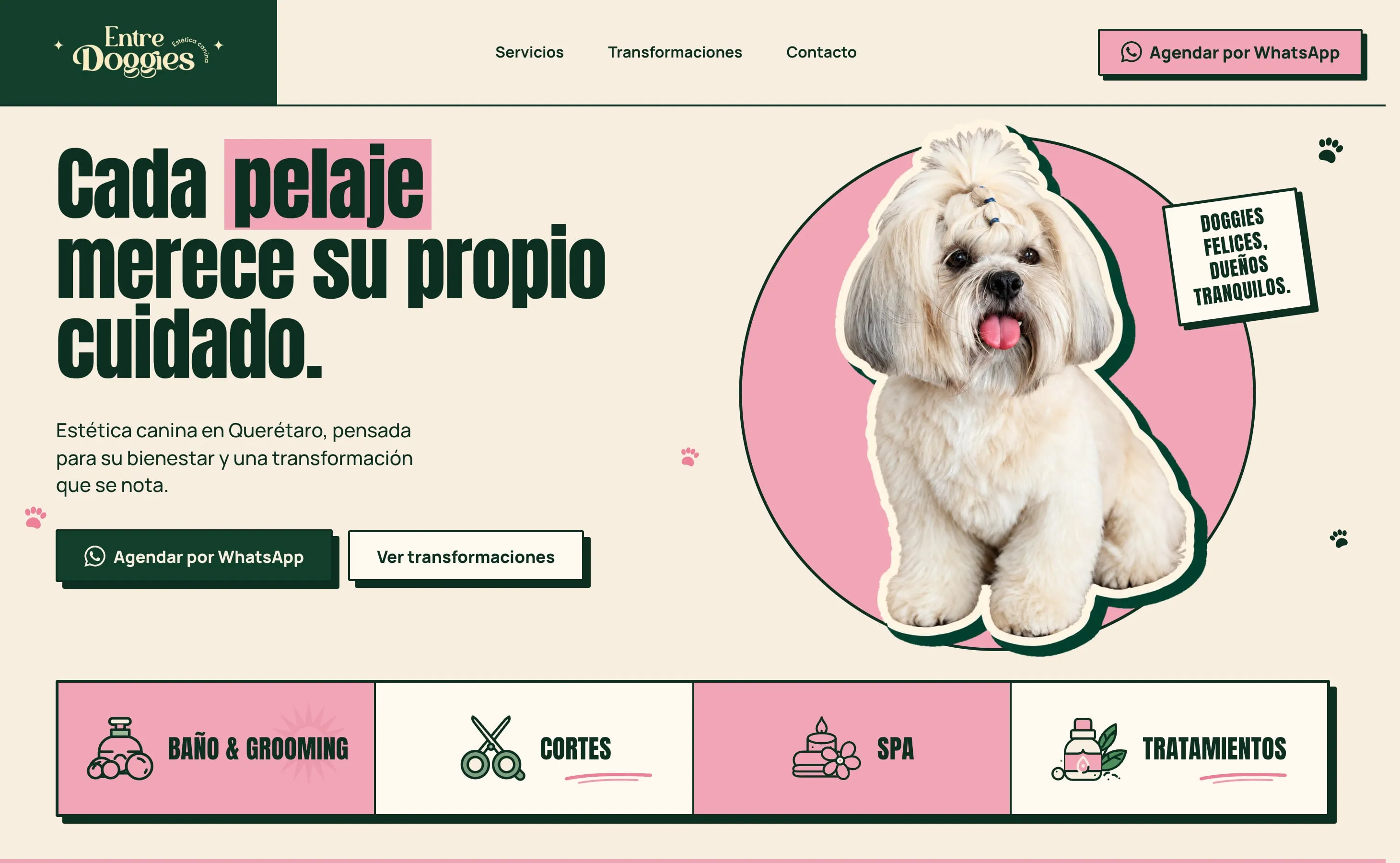 Portada del sitio de Entre Doggies, en escritorio.