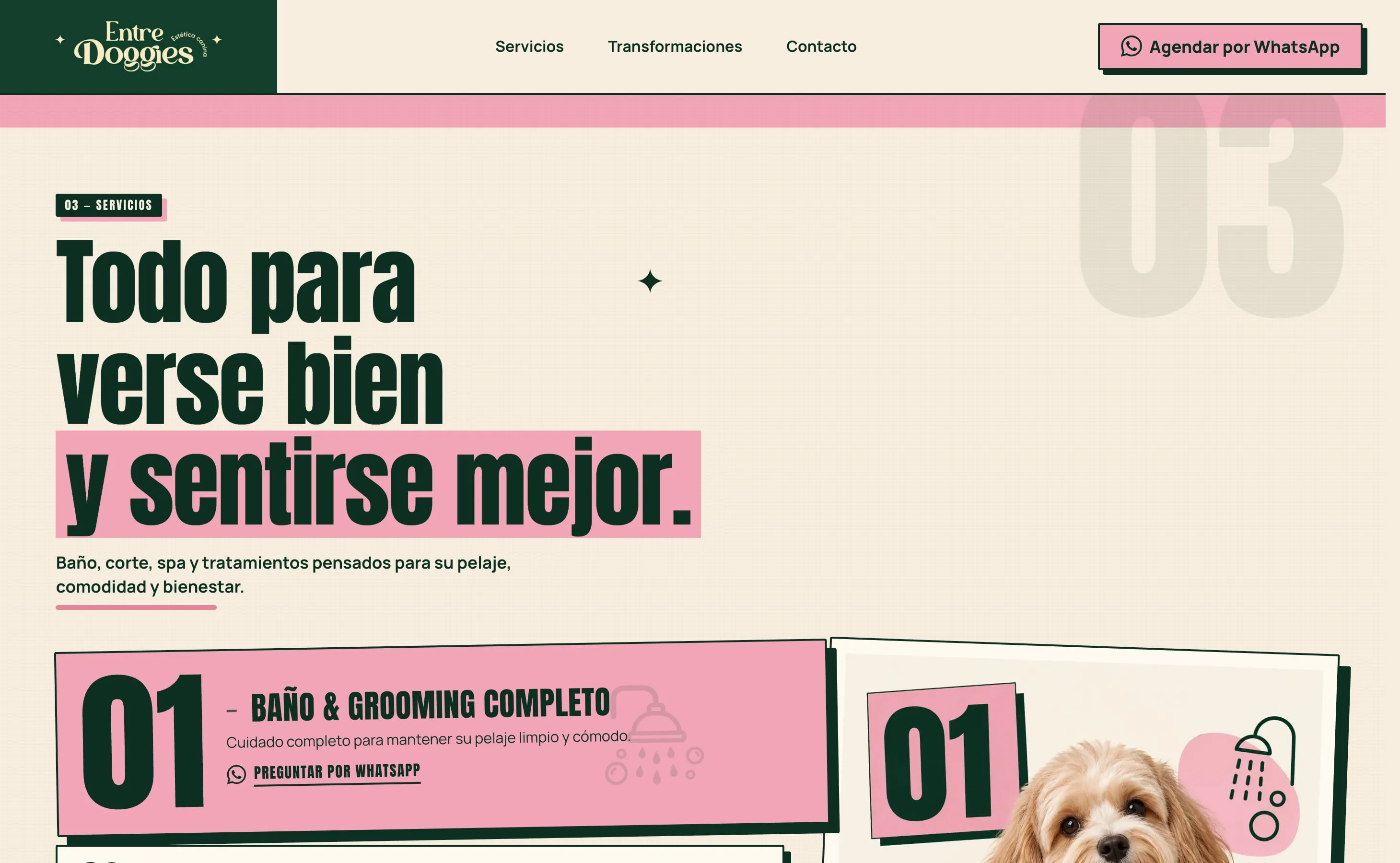 Servicios del sitio de Entre Doggies, en escritorio.