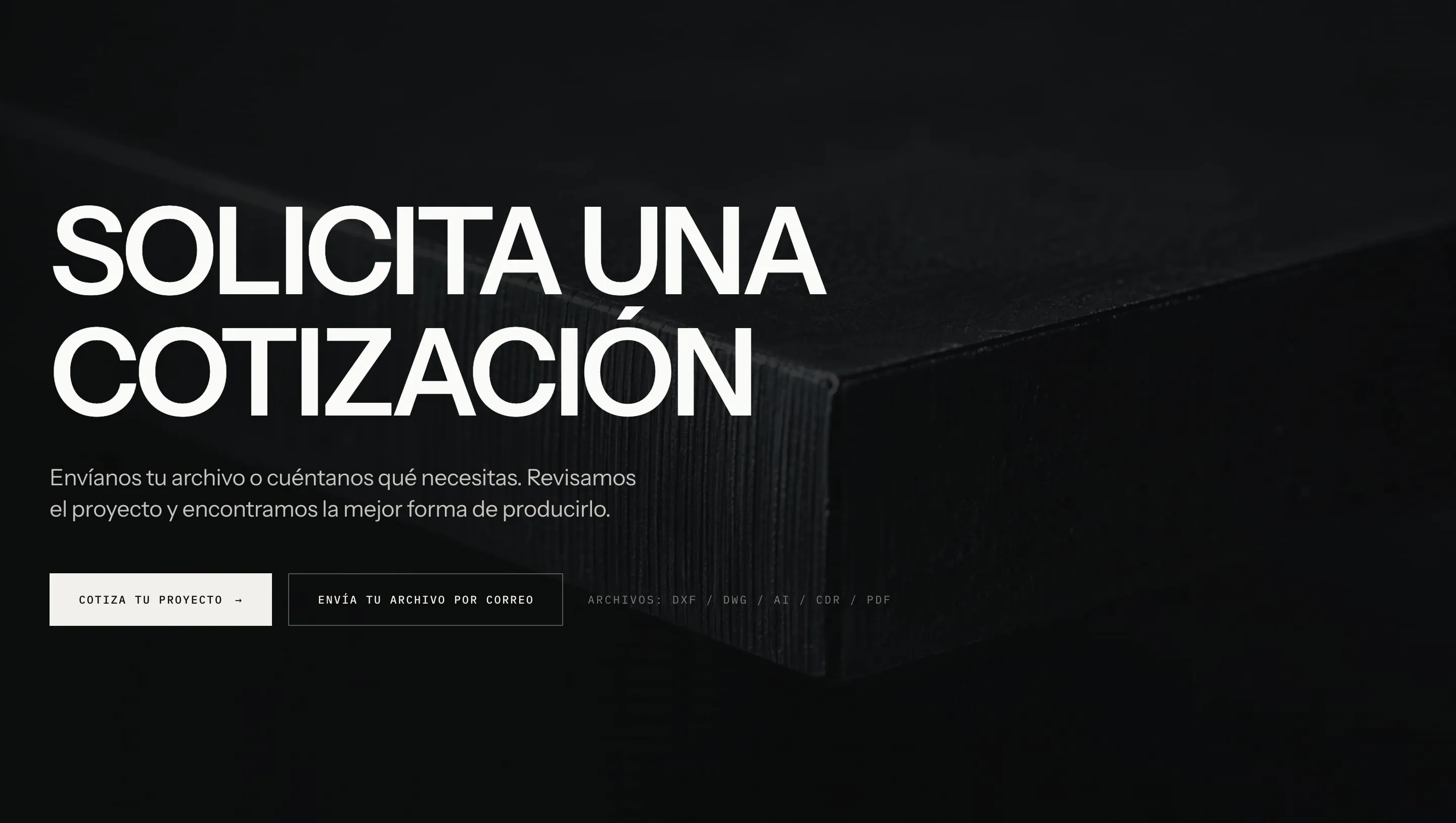 El cierre del sitio de Quantum Láser: «Solicita una cotización». Envíanos tu archivo o cuéntanos qué necesitas.