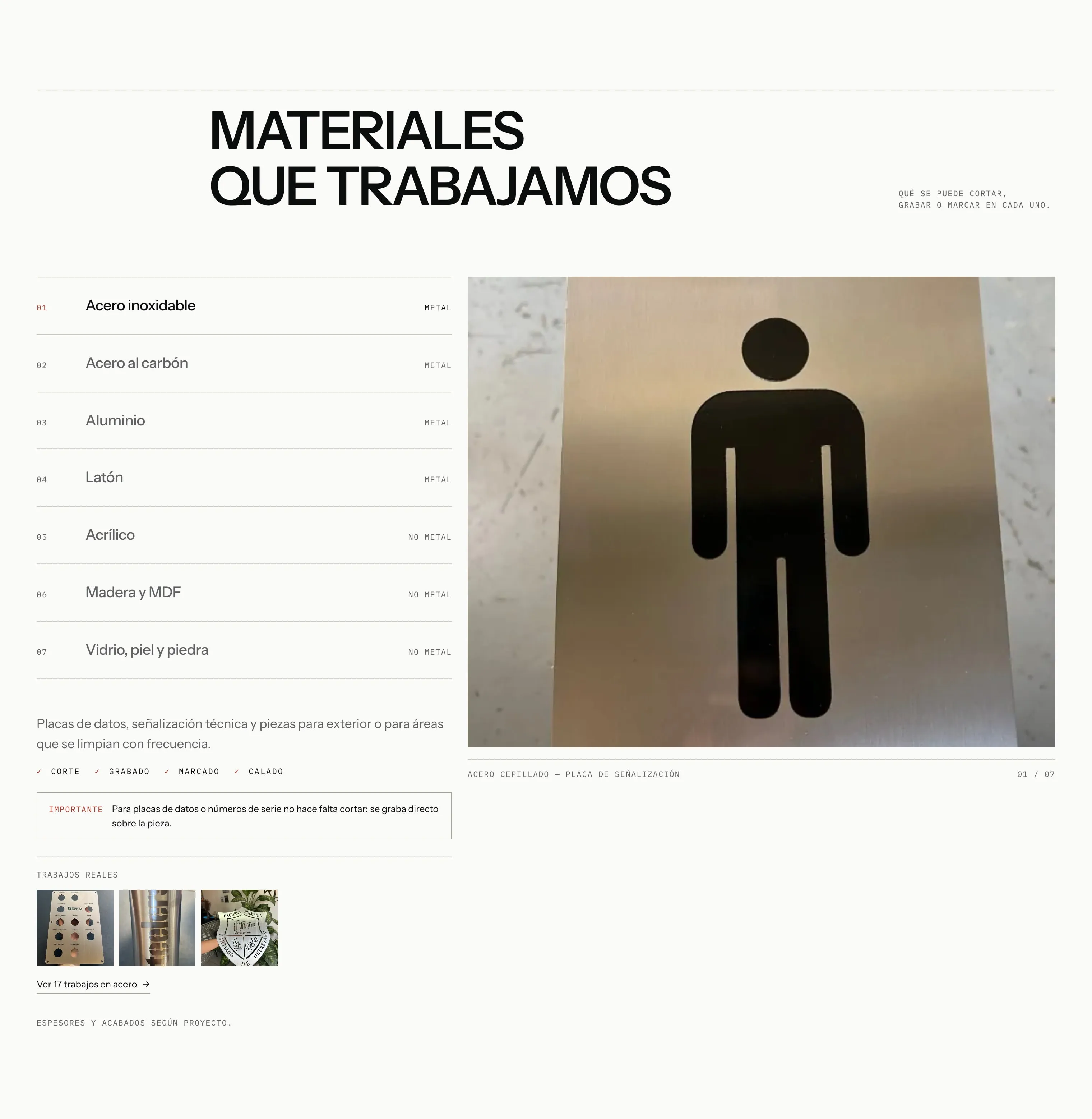 Sección de materiales del sitio de Quantum Láser: los siete que trabaja, del acero inoxidable al vidrio, con la foto de una pieza.