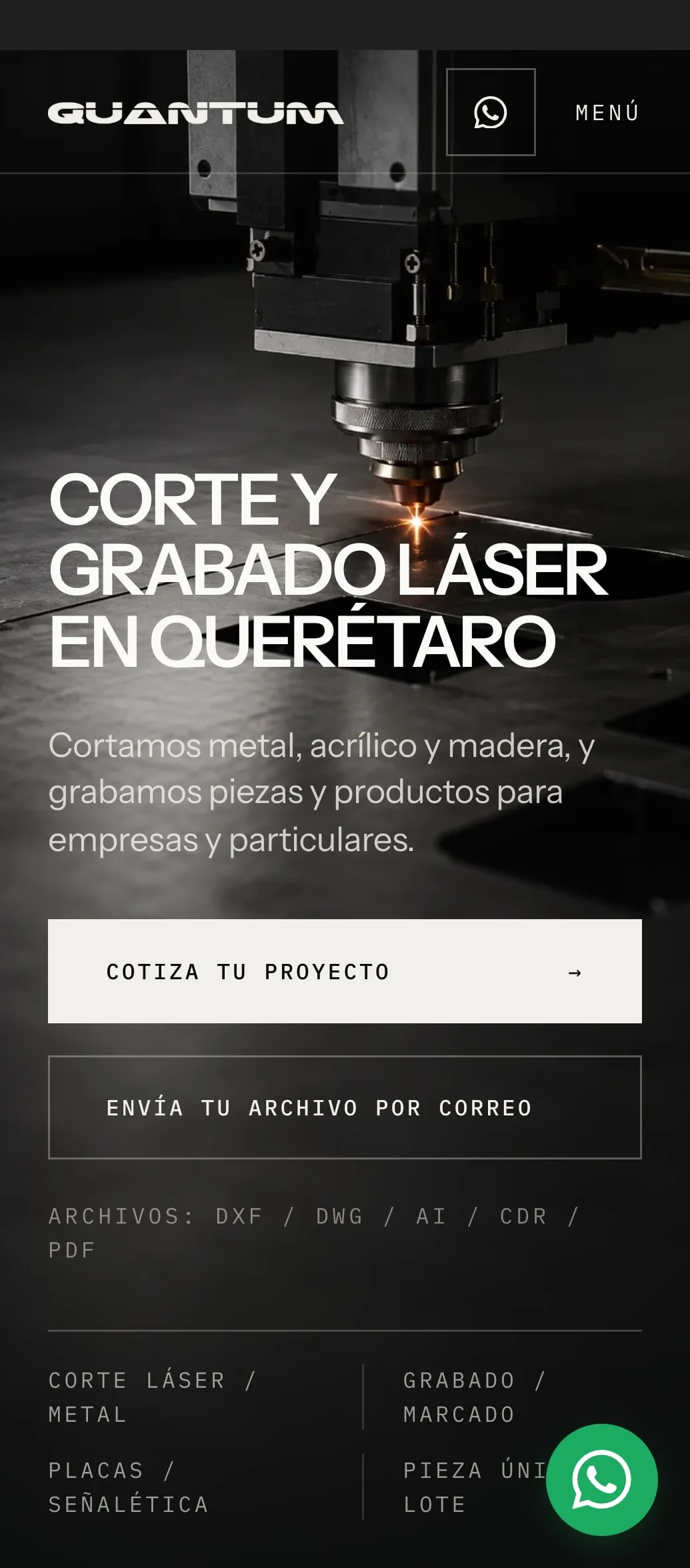Portada del sitio de Quantum Láser, en teléfono.
