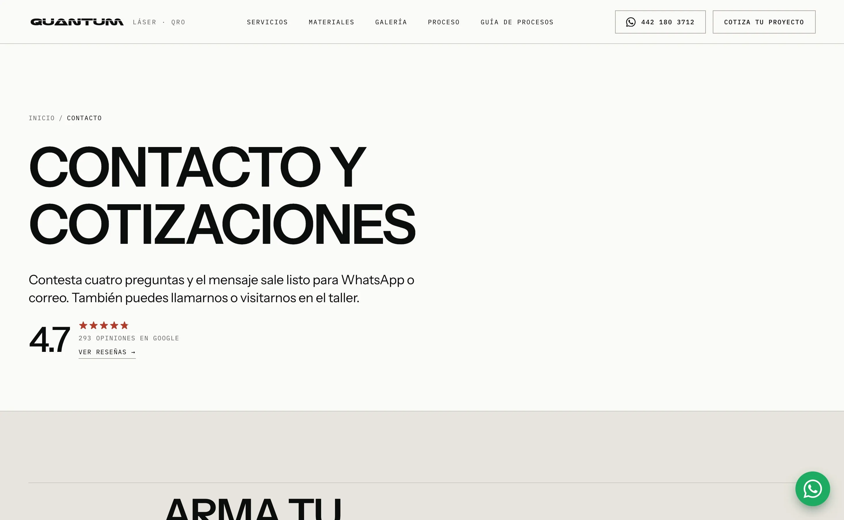 Contacto del sitio de Quantum Láser, en escritorio.