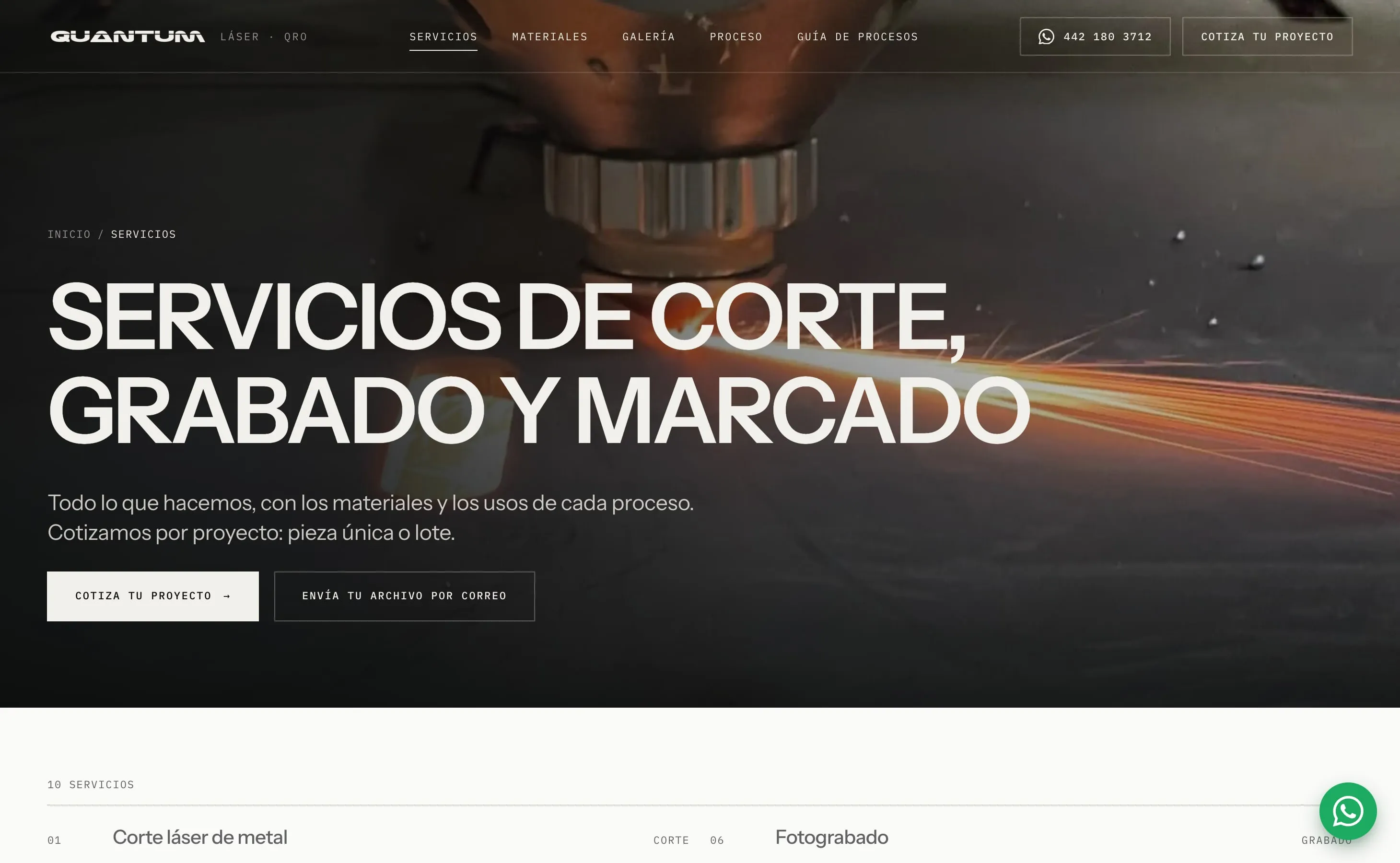 Servicios del sitio de Quantum Láser, en escritorio.