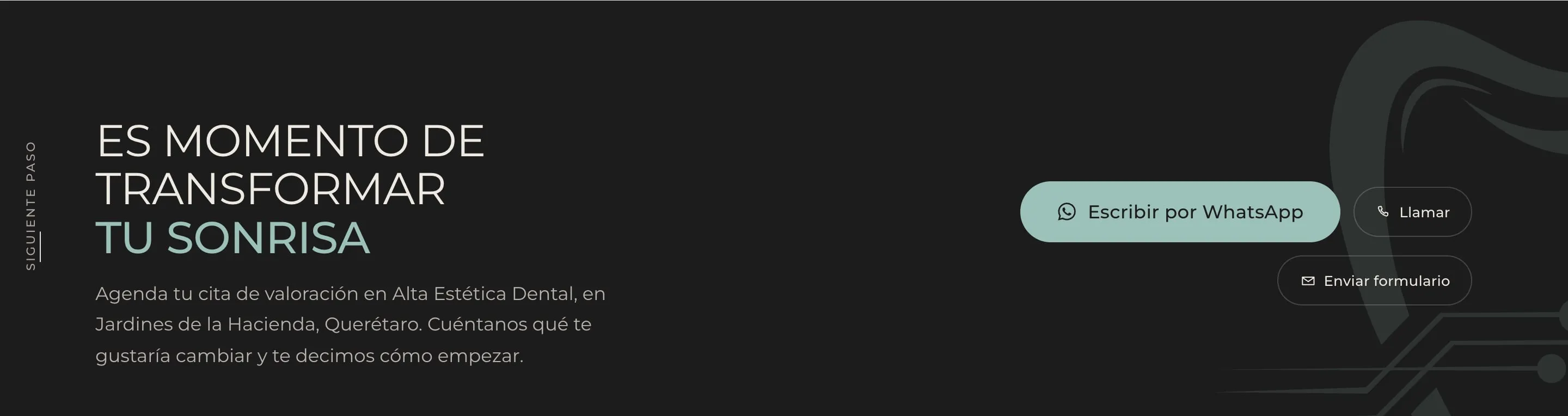 El cierre del sitio de Alta Estética Dental: «Es momento de transformar tu sonrisa», con WhatsApp, llamada y formulario.