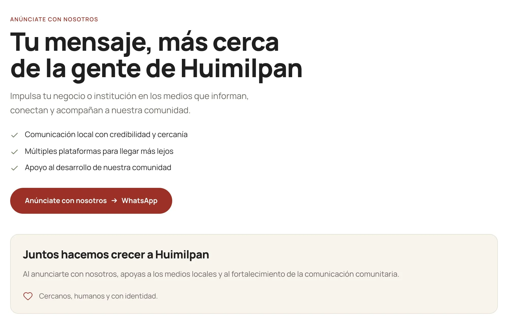 La página «Anúnciate» de Radio y Televisión Huimilpan: «Tu mensaje, más cerca de la gente de Huimilpan», con el botón para anunciarse por WhatsApp.