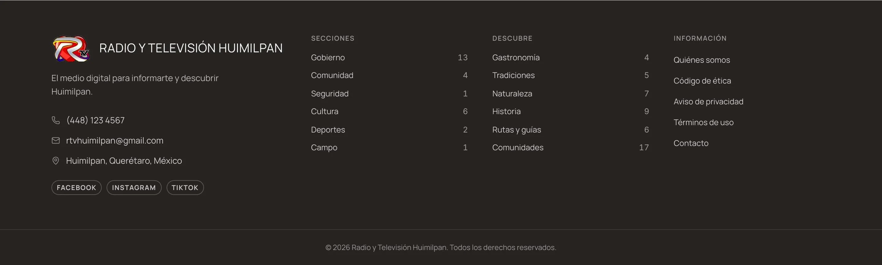 El pie del portal de noticias: secciones, temas e información del medio, con el recuento de notas de cada una.