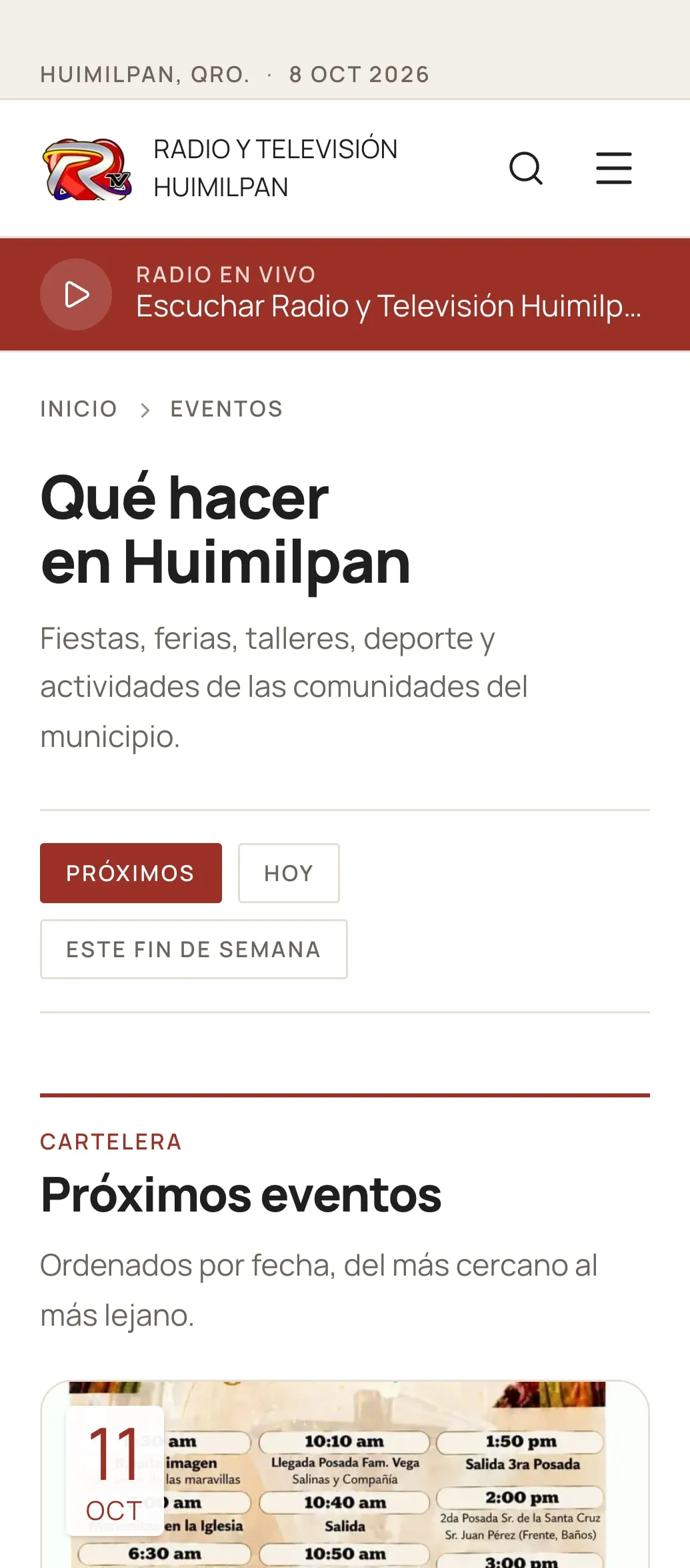 Eventos del sitio de Radio y Televisión Huimilpan, en teléfono.
