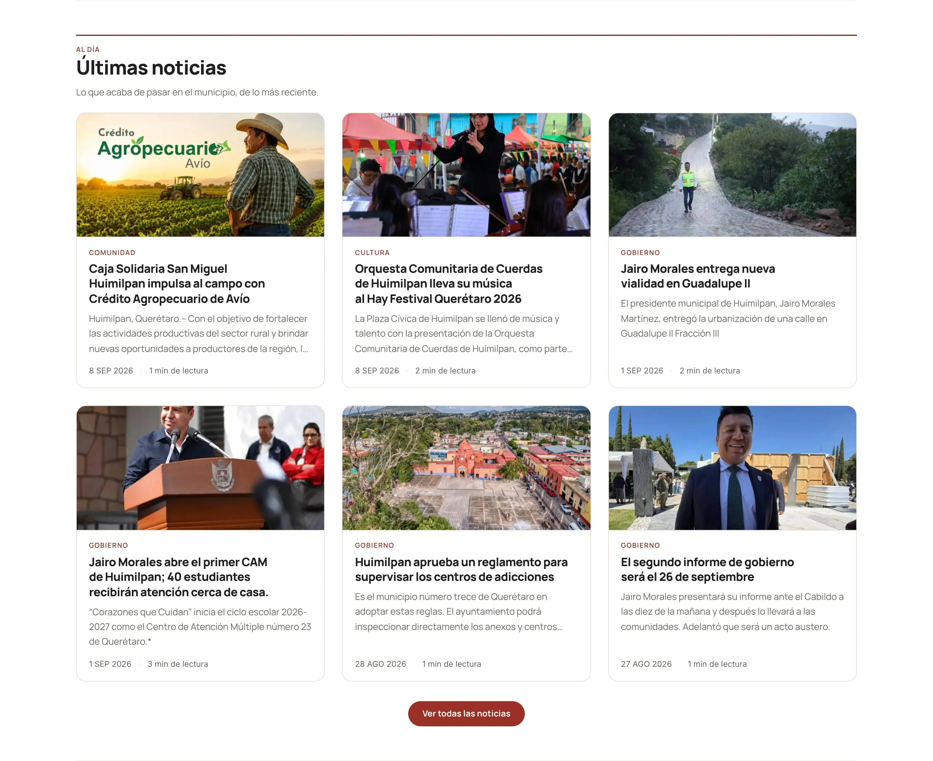 «Últimas noticias» en la portada de Radio y Televisión Huimilpan: las notas más recientes, cada una con su foto, su sección y su fecha.