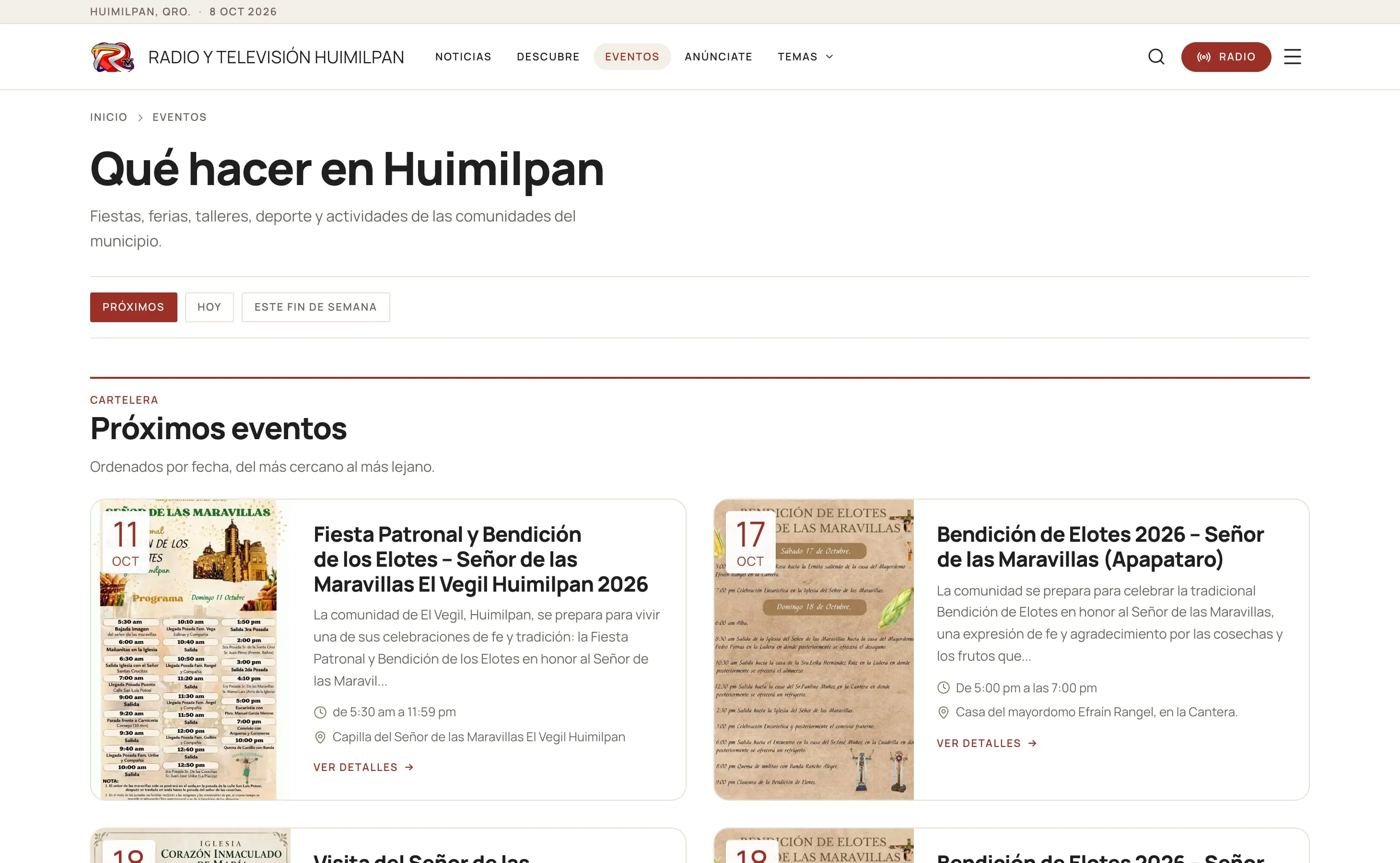 Eventos del sitio de Radio y Televisión Huimilpan, en escritorio.