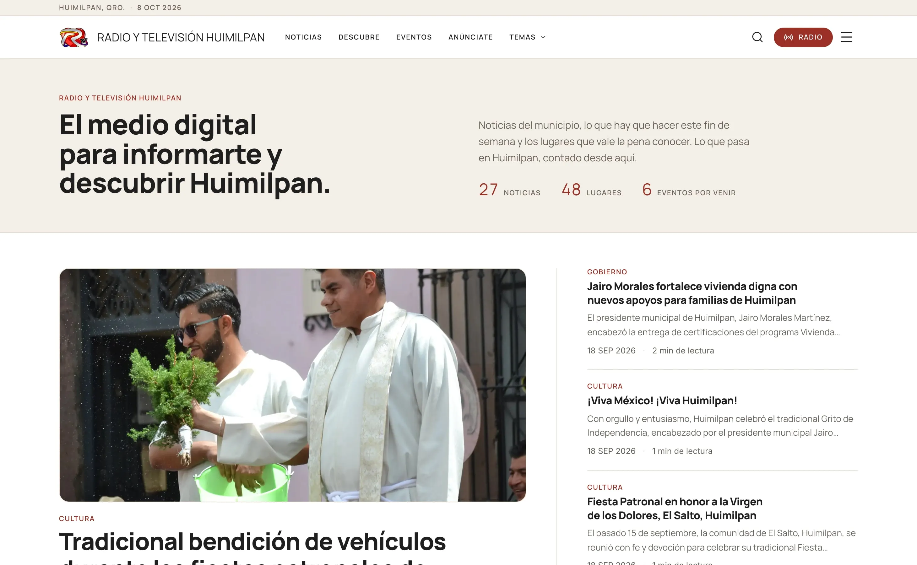 Portada del sitio de Radio y Televisión Huimilpan, en escritorio.