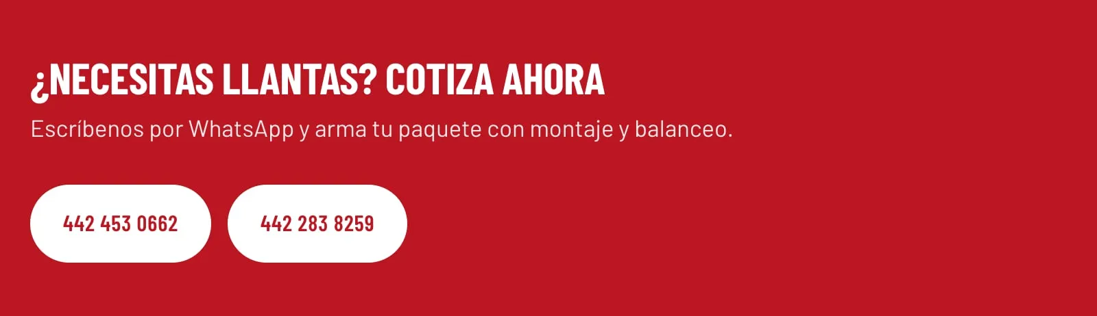 El cierre del sitio de Universal Tires: «¿Necesitas llantas? Cotiza ahora», con sus dos números de WhatsApp.