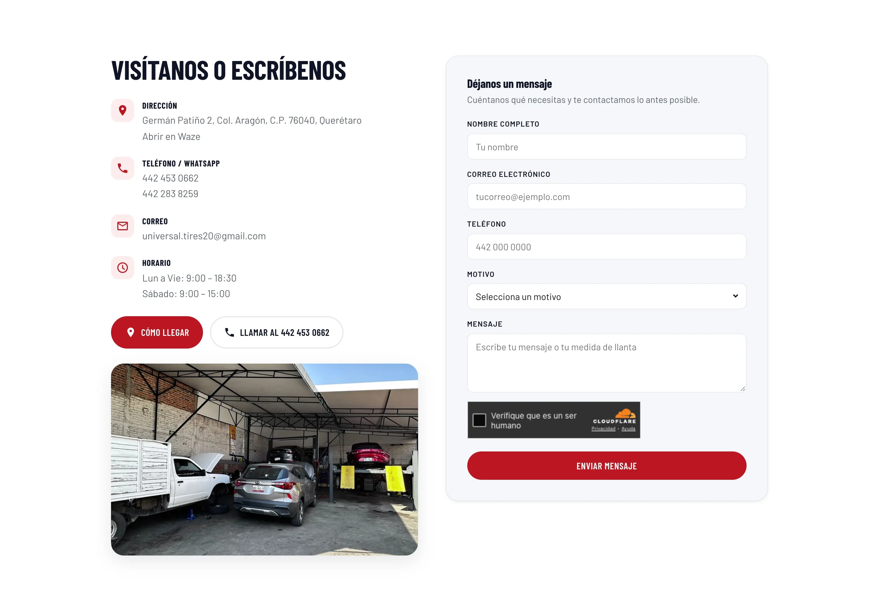 La sección de contacto de Universal Tires: «Visítanos o escríbenos», con su dirección, sus teléfonos, su horario, los botones para llegar o llamar y el formulario para dejar un mensaje.