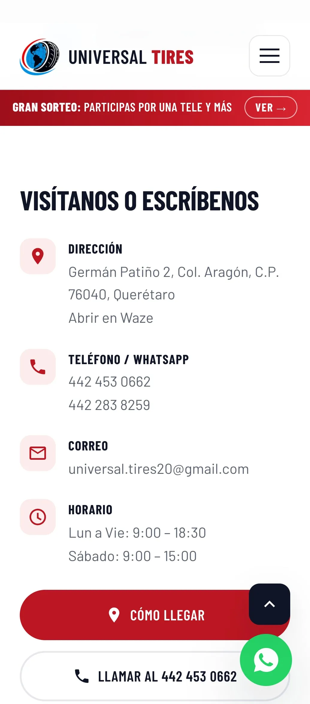 Contacto del sitio de Universal Tires, en teléfono.