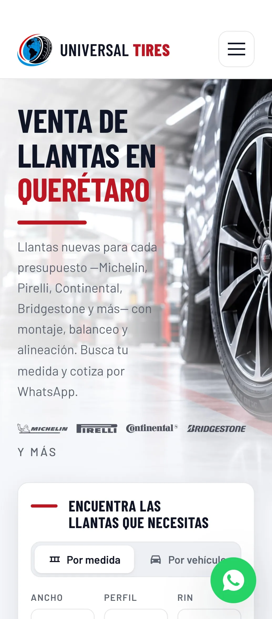 Portada del sitio de Universal Tires, en teléfono.