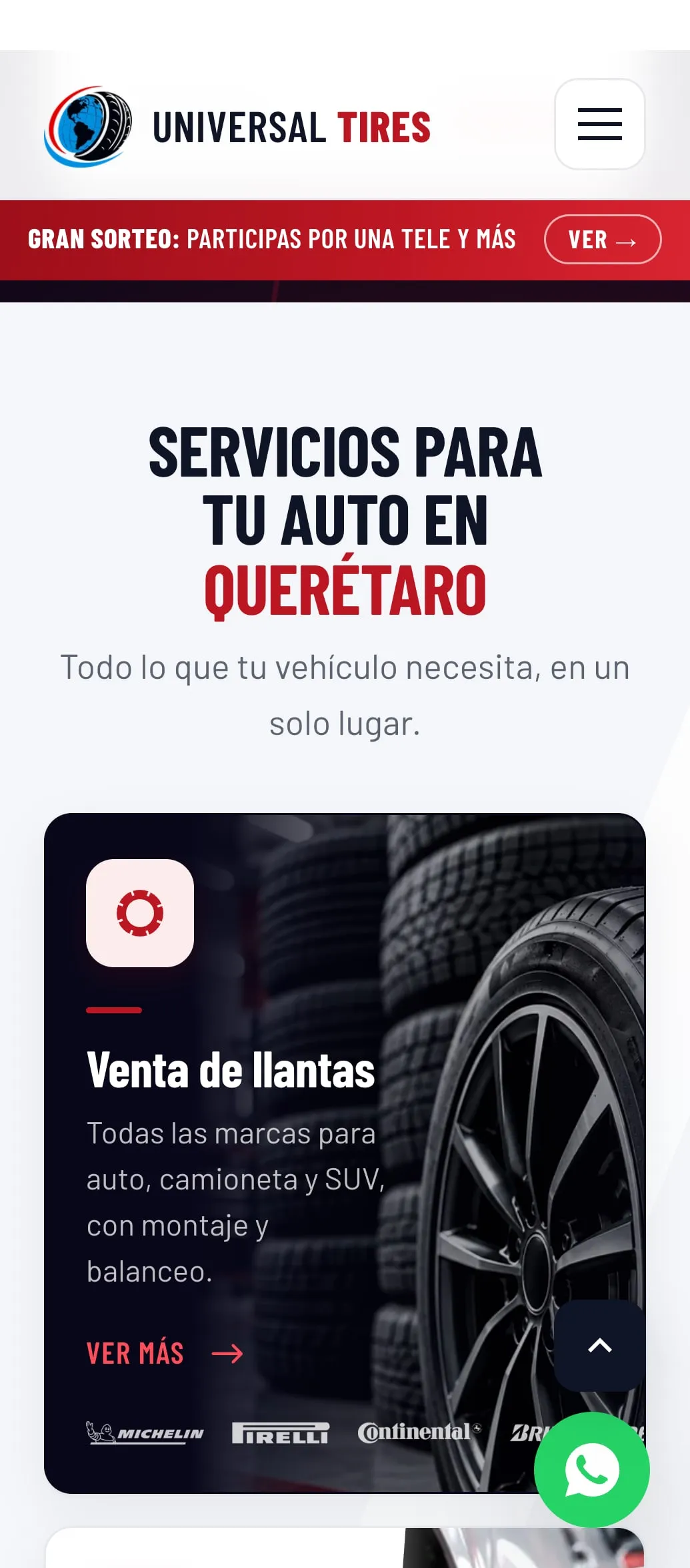 Servicios del sitio de Universal Tires, en teléfono.
