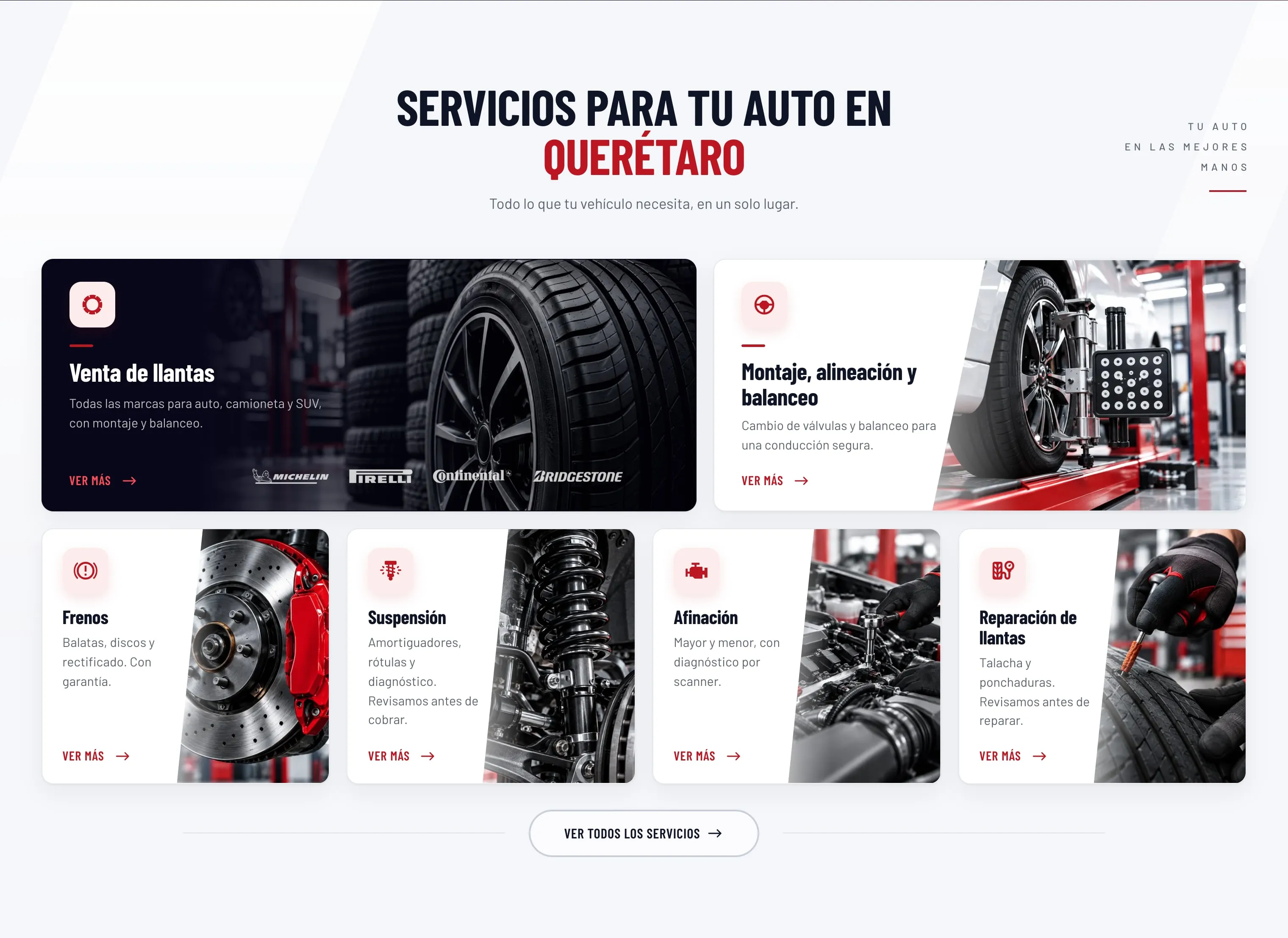 Servicios en la portada de Universal Tires: «Servicios para tu auto en Querétaro», de la venta de llantas a la reparación, cada uno con su página.