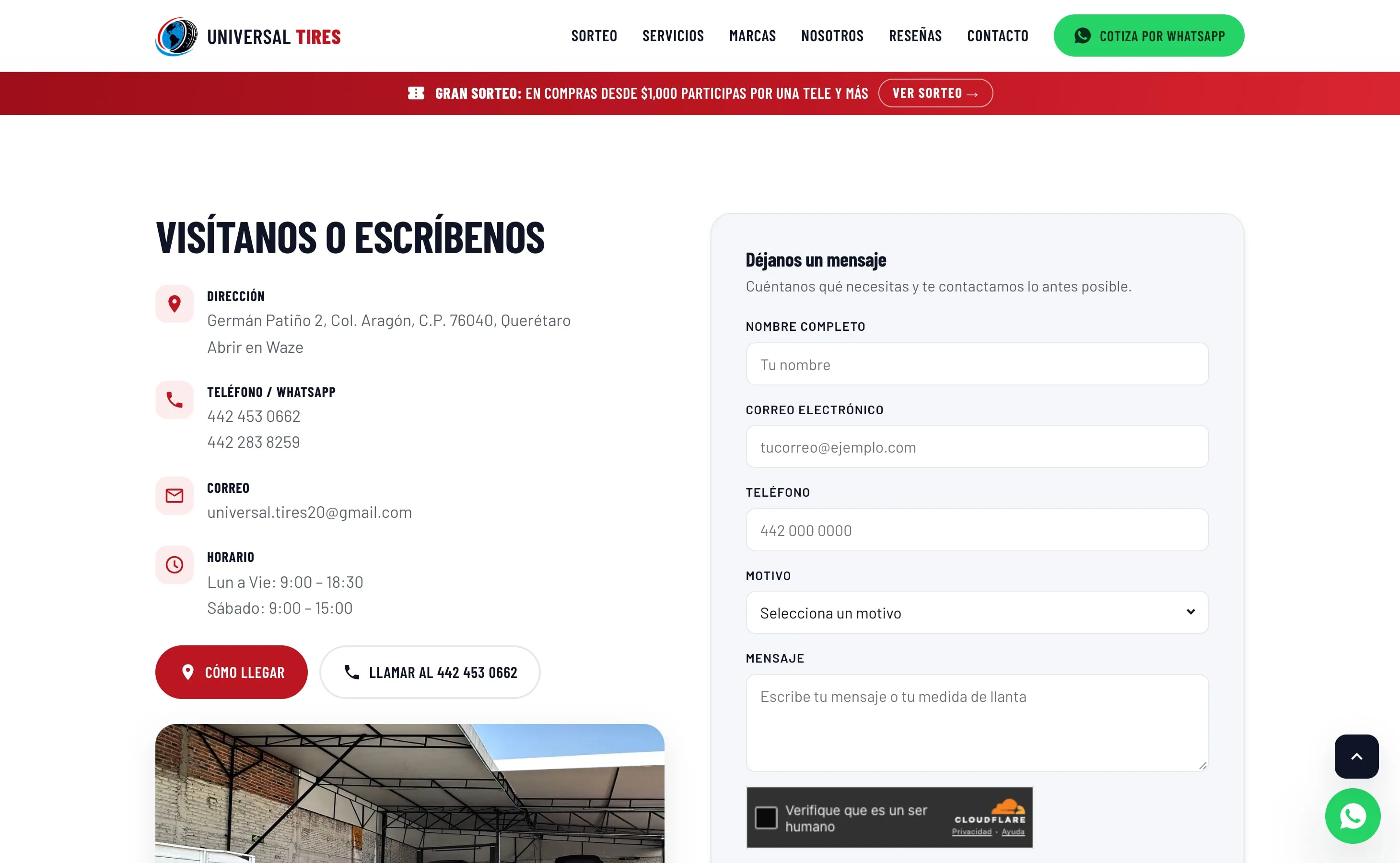 Contacto del sitio de Universal Tires, en escritorio.