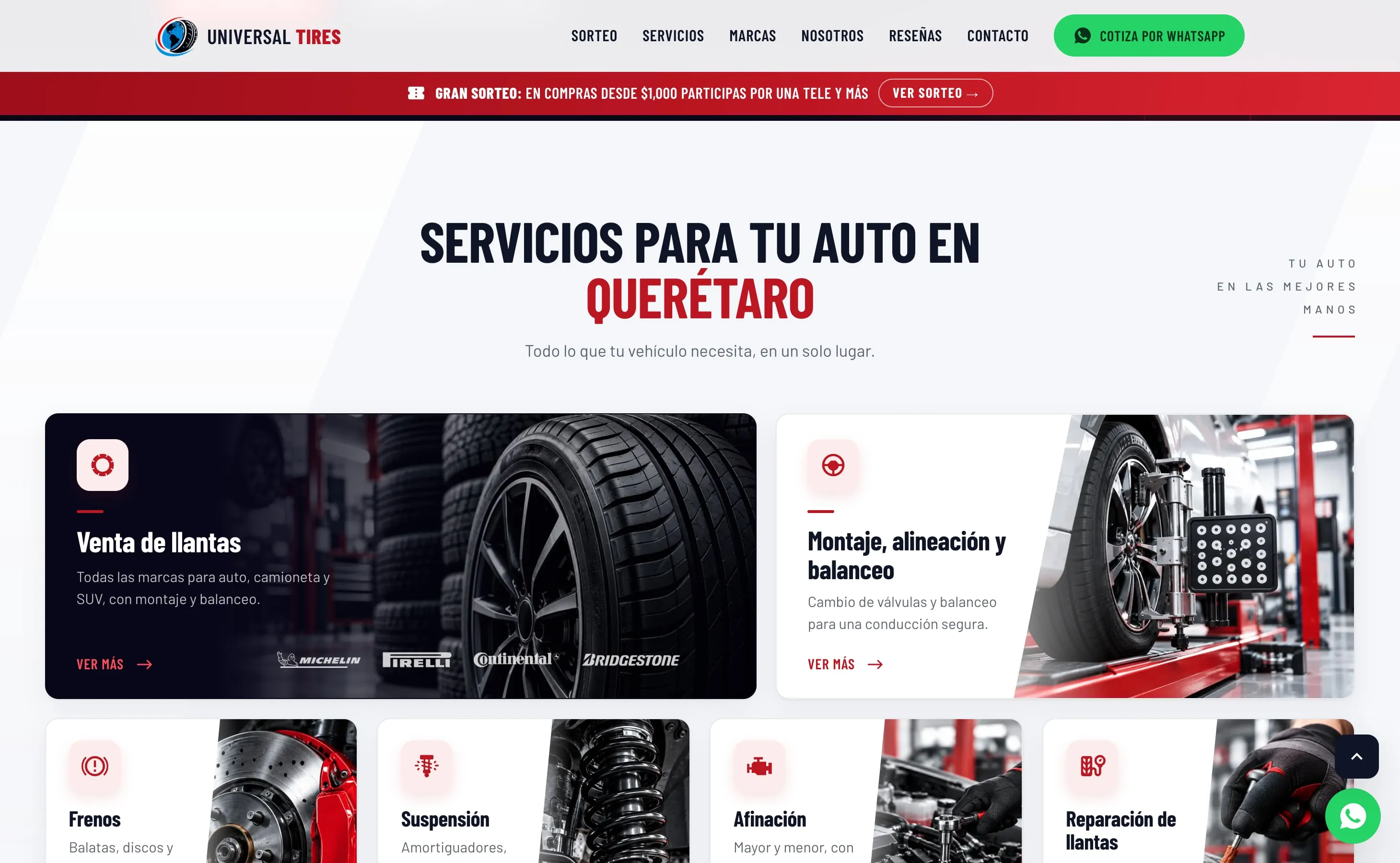 Servicios del sitio de Universal Tires, en escritorio.
